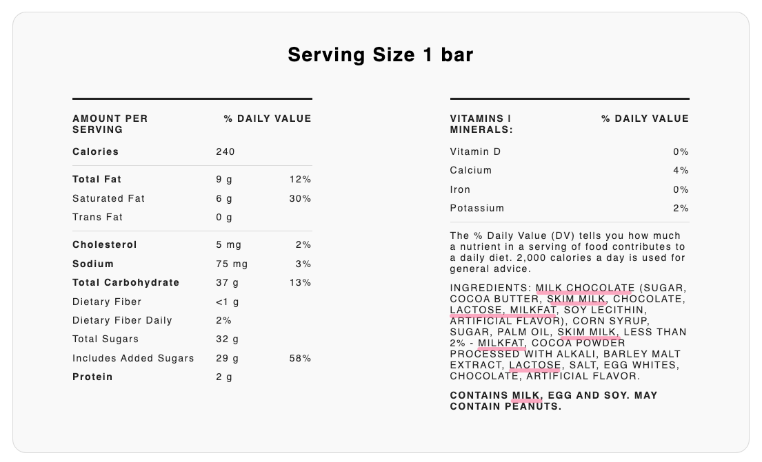 milky way nutrition facts with milk ingredients highlighted