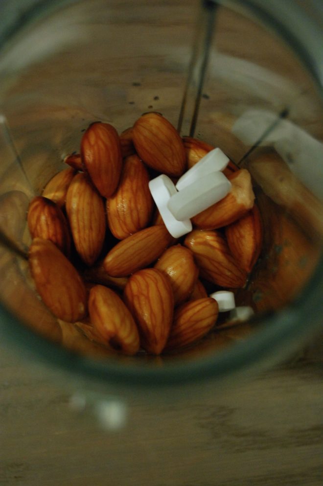 almonds and calcium tablets in blender