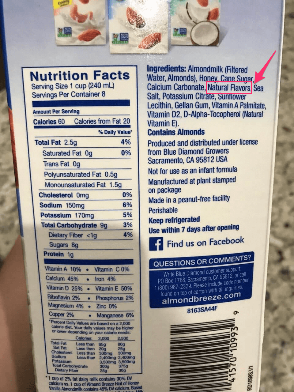 blue diamond almond breeze vanilla nutrition facts label highlighting natural flavors