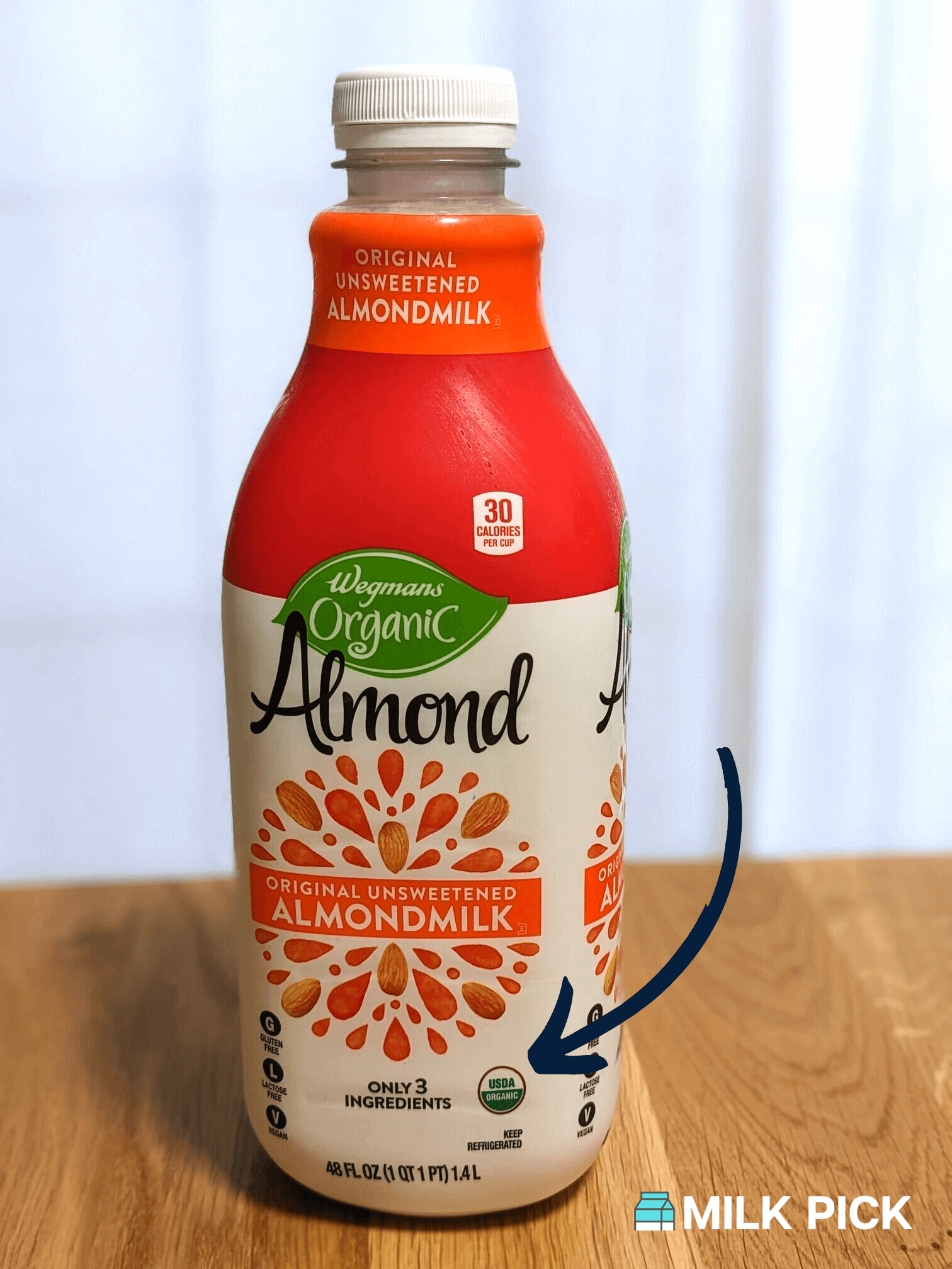 wegmans organic almond milk with arrow pointing to USDA organic symbol