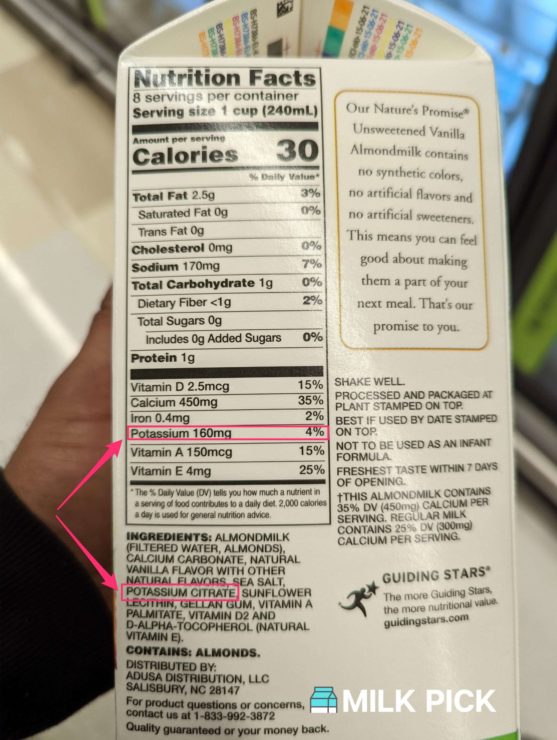 aldi vanilla almond milk nutrition facts highlighting potassium and potassium citrate