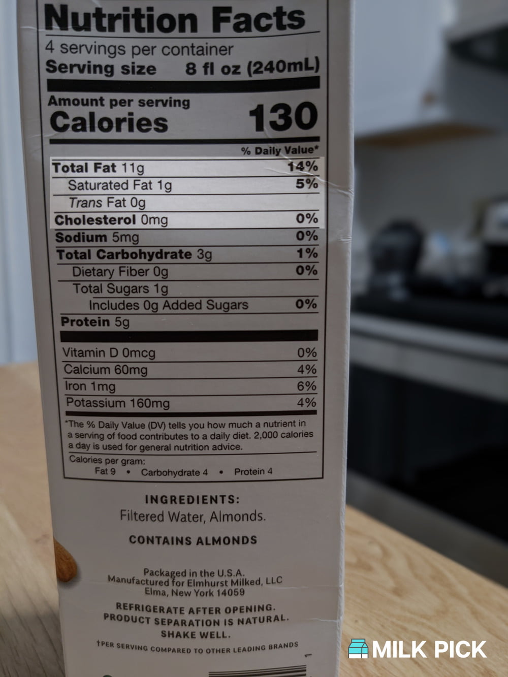 elmhurst almond milk nutrition facts highlighting fat and cholesterol