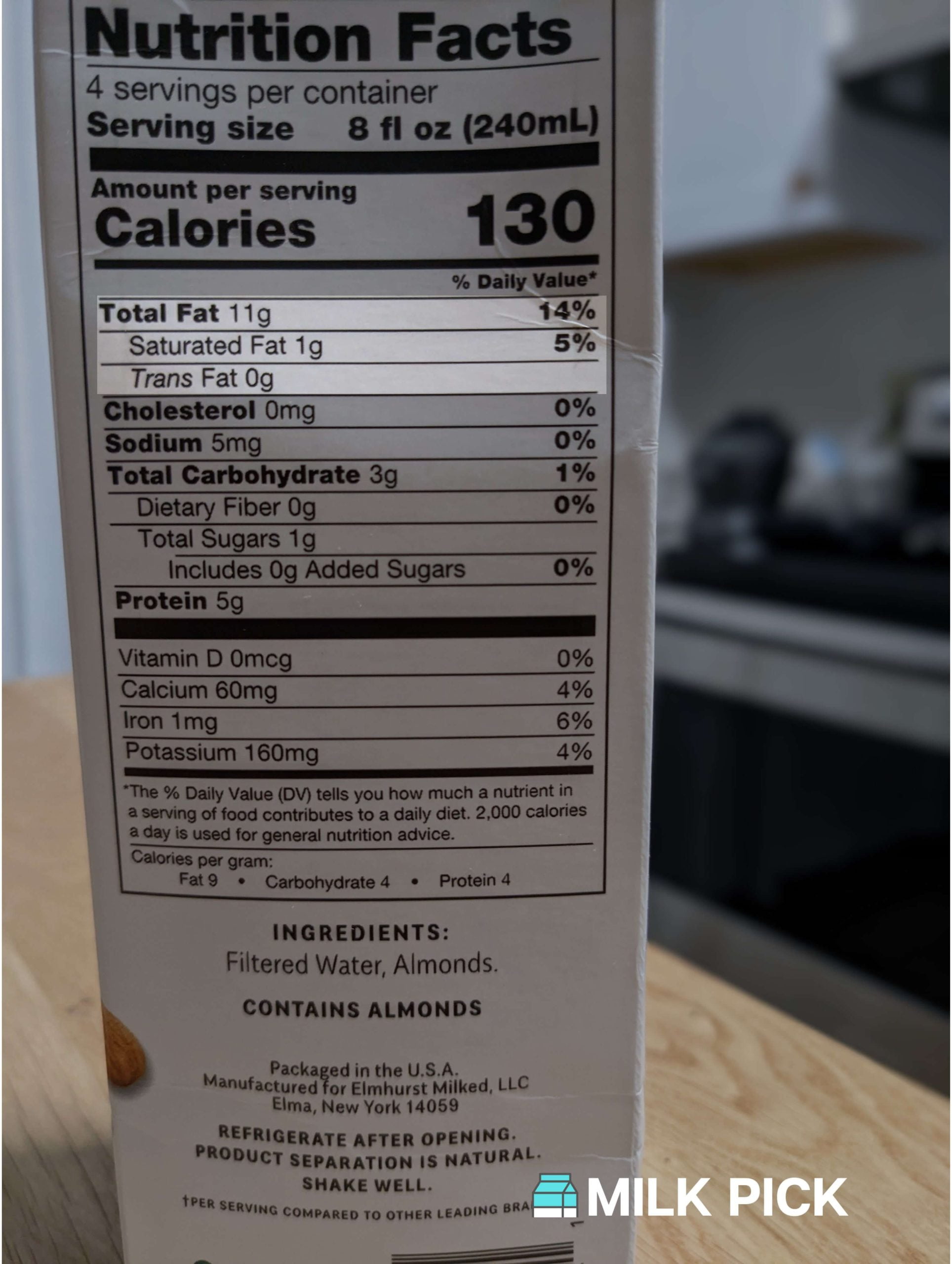 elmhurst almond milk nutrition facts highlighting fat content