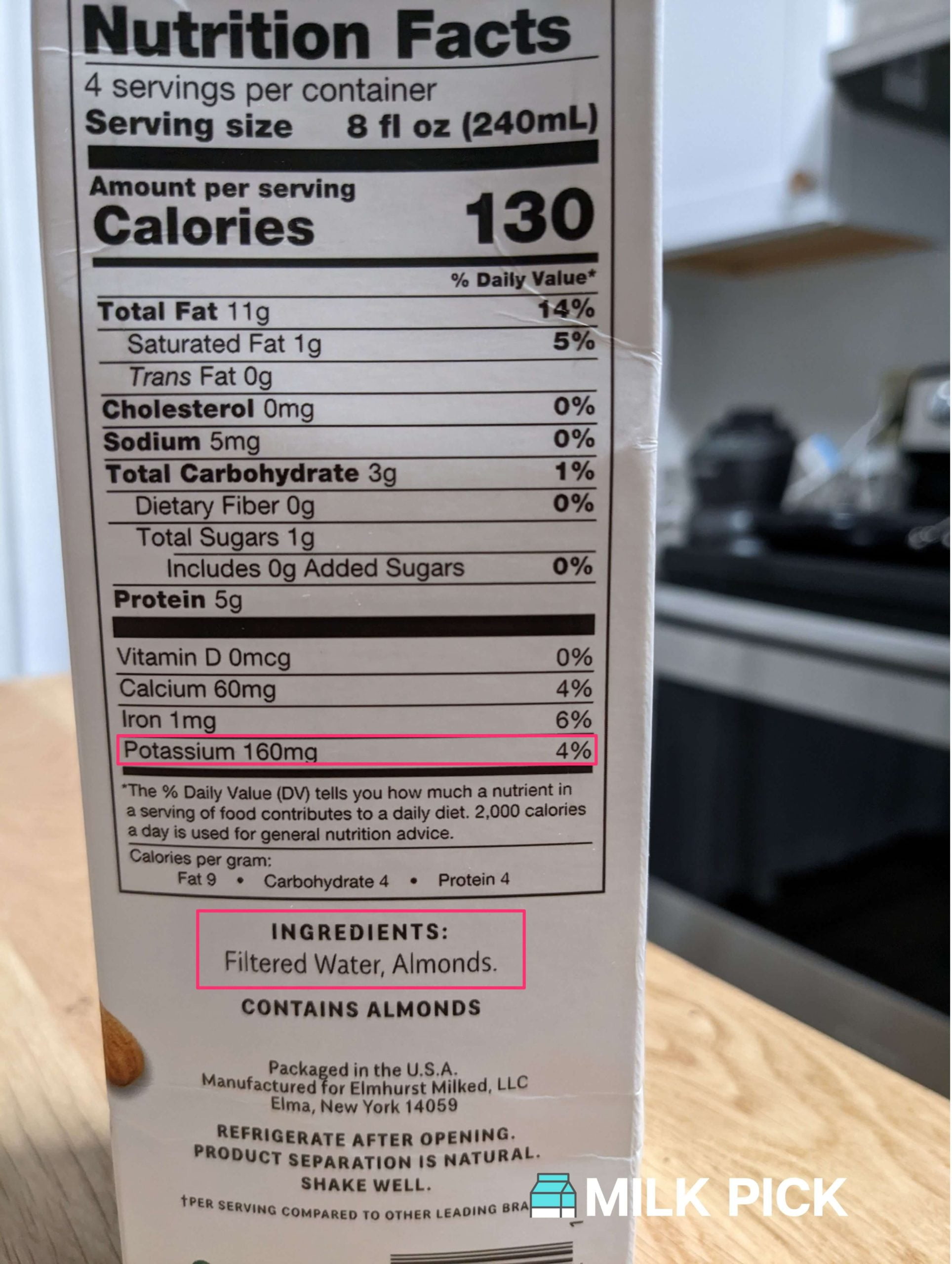 elmhurst almond milk nutrition facts highlighting potassium and ingredients