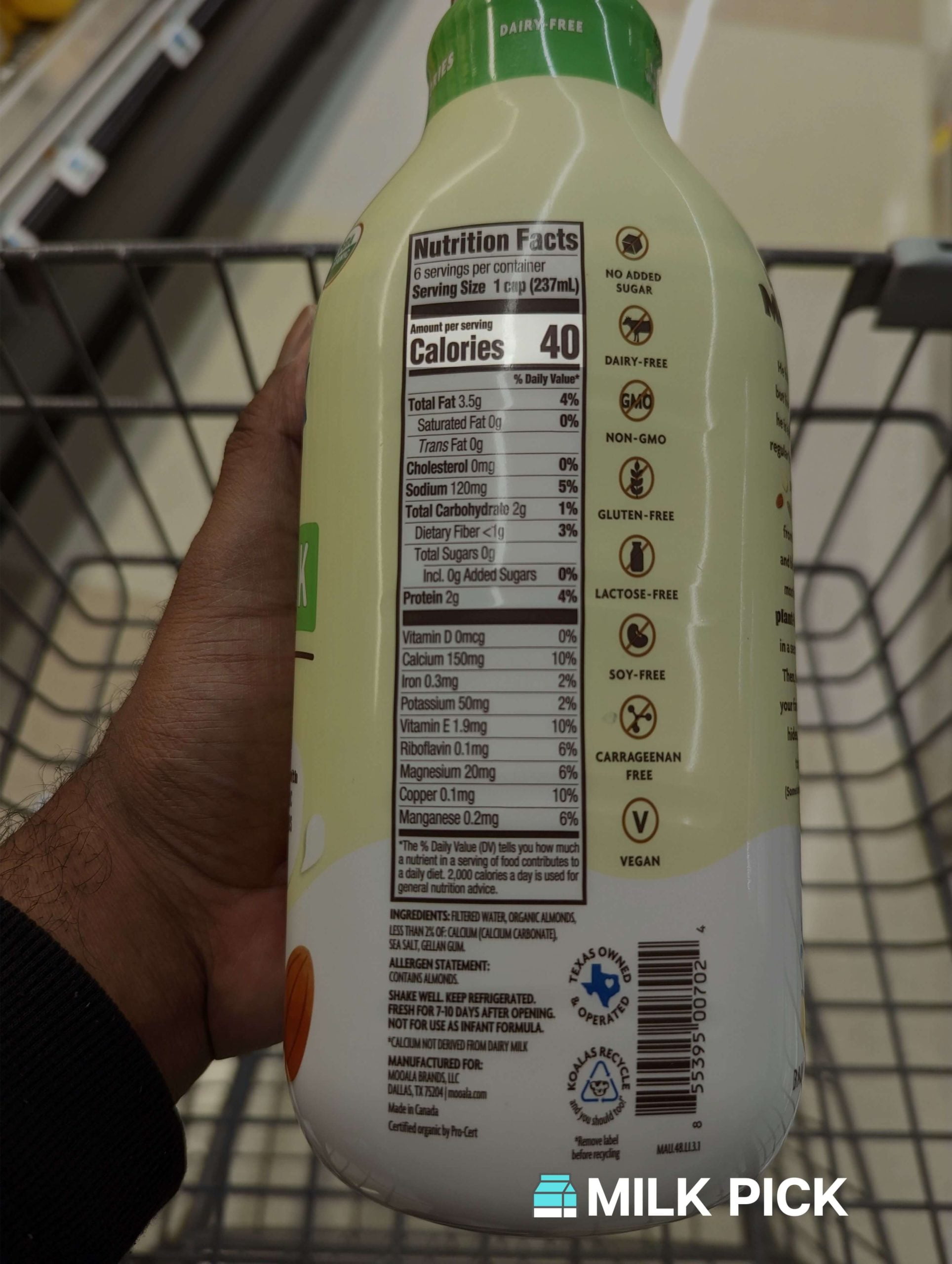 mooala almond milk nutrition facts with calories highlighted