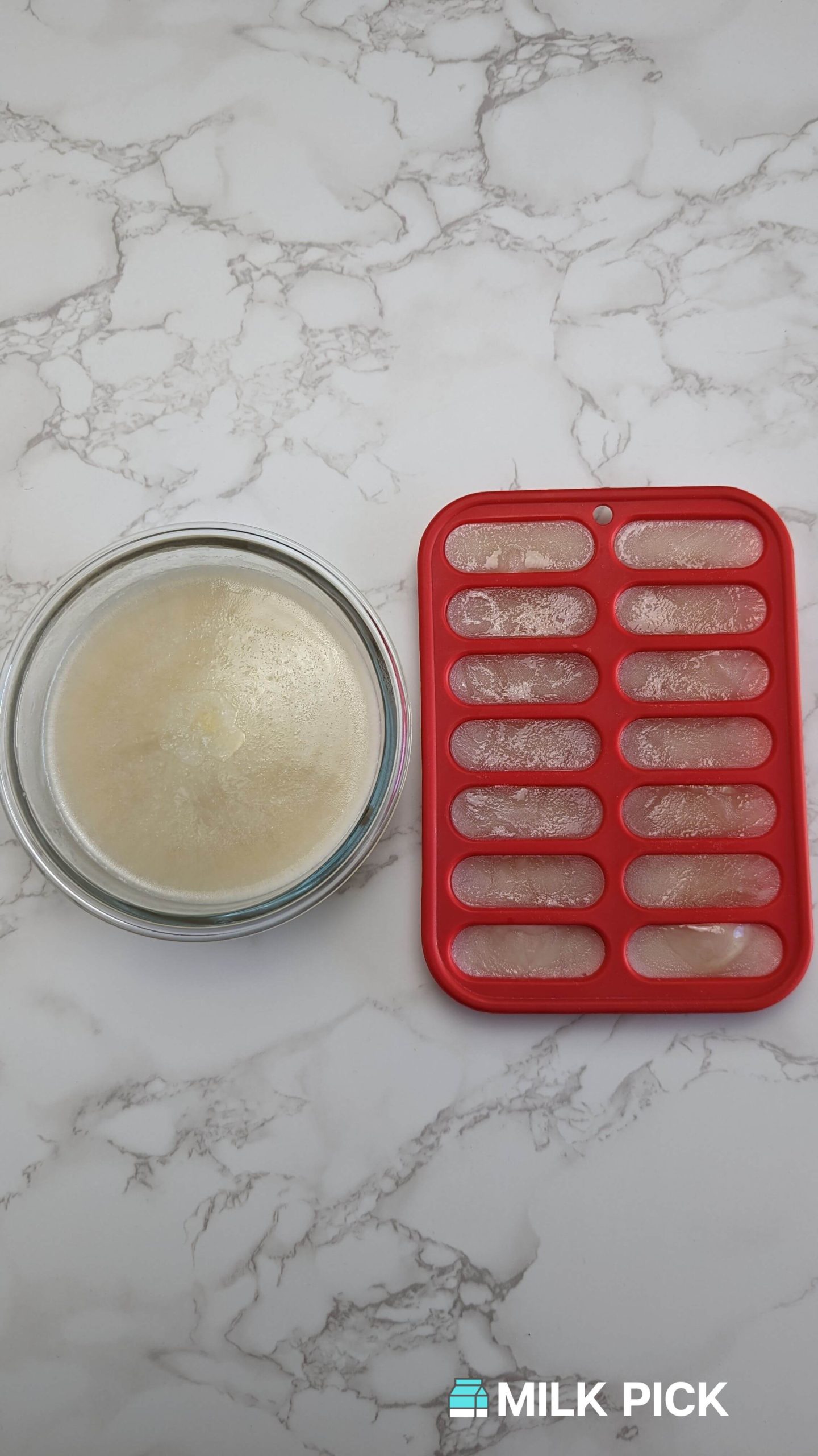 almond milk frozen in bowl and ice cube tray