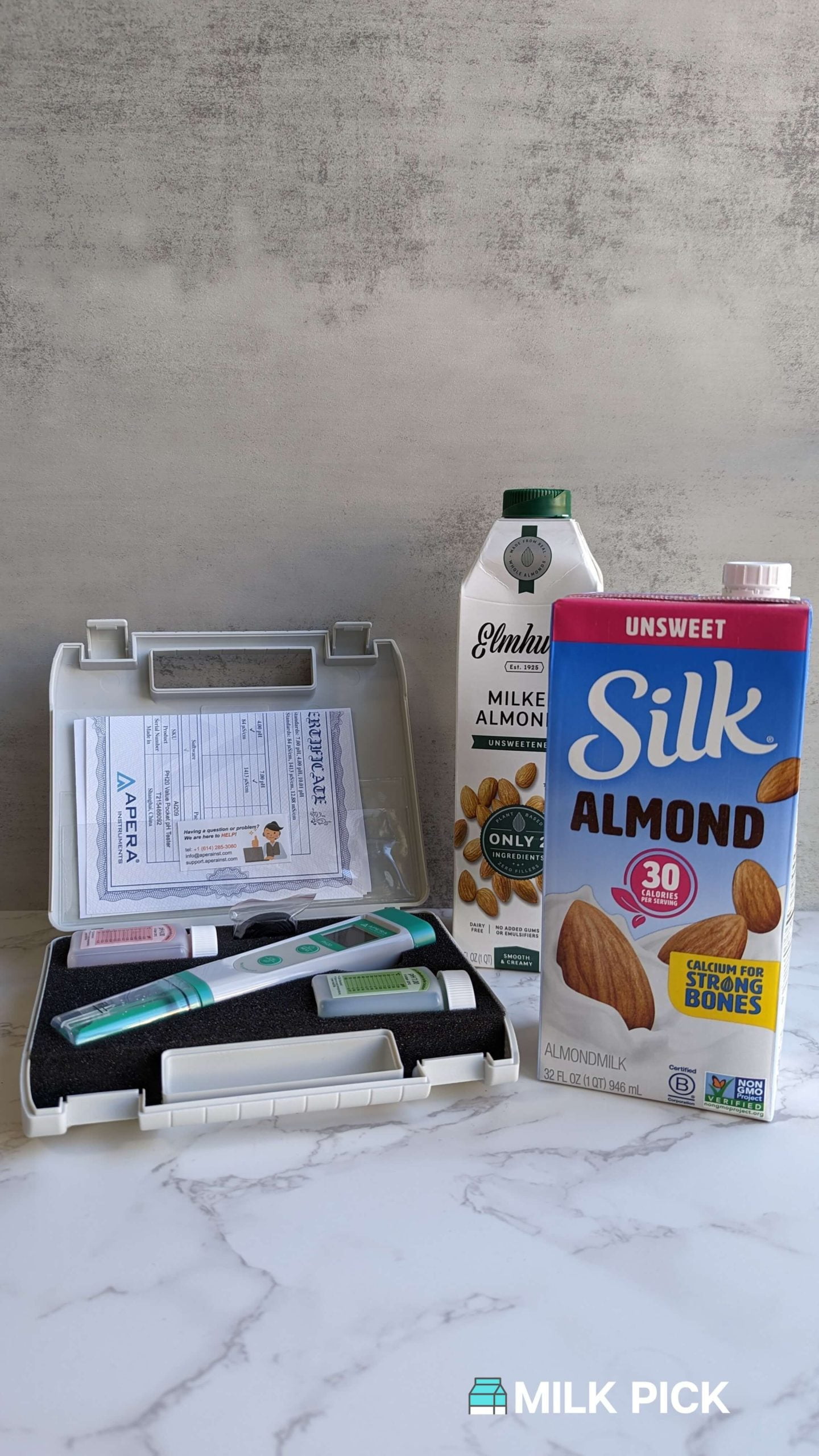 apera ph testing kit and almond milk cartons