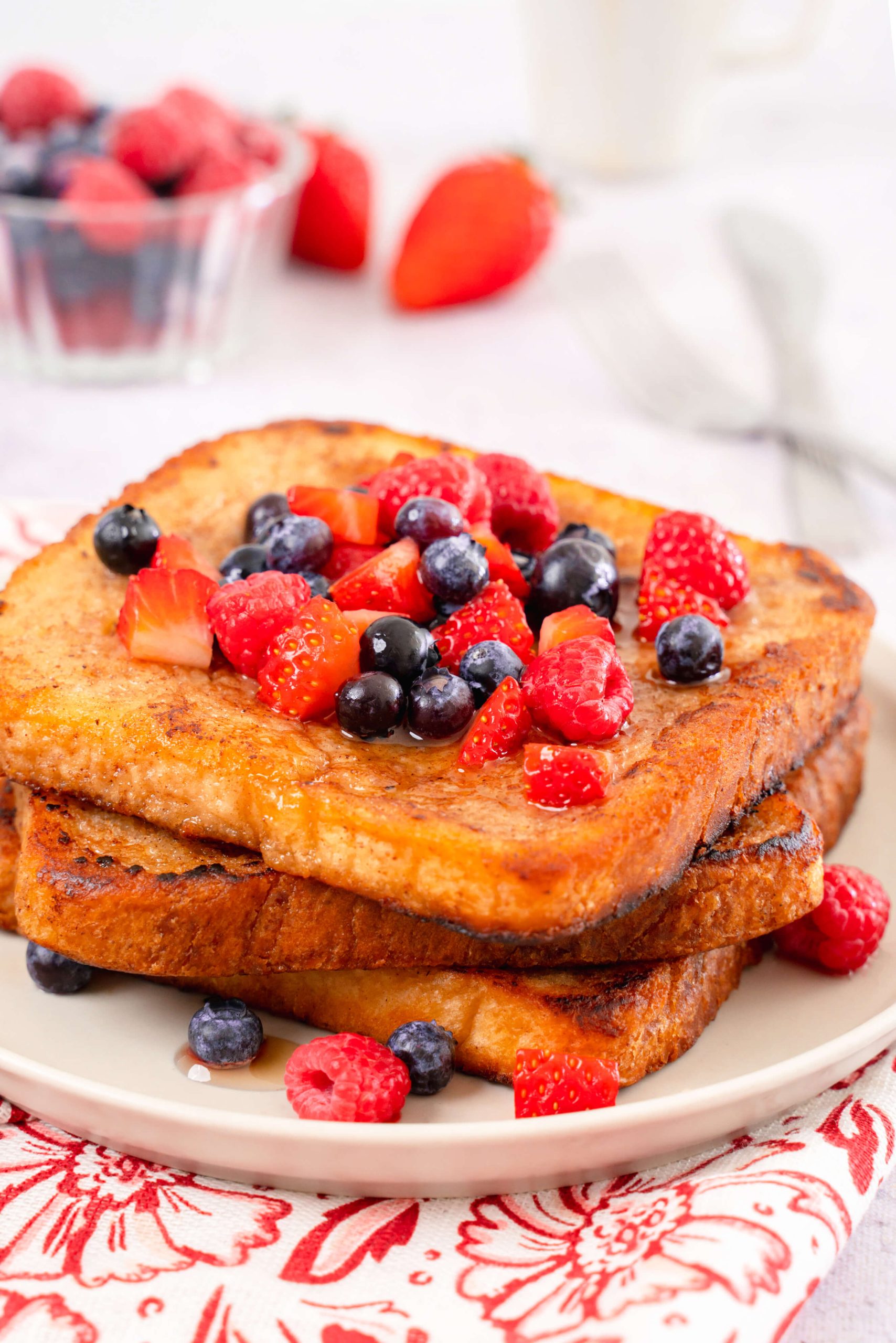 closeup of almond milk french toast and berries