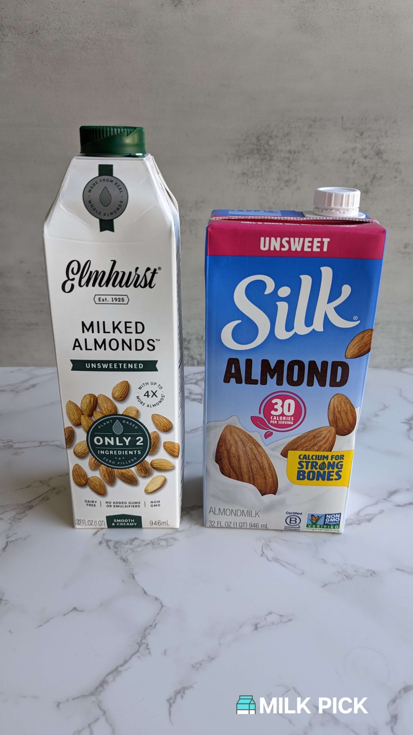elmhurst almond milk and silk almond milk cartons side by side