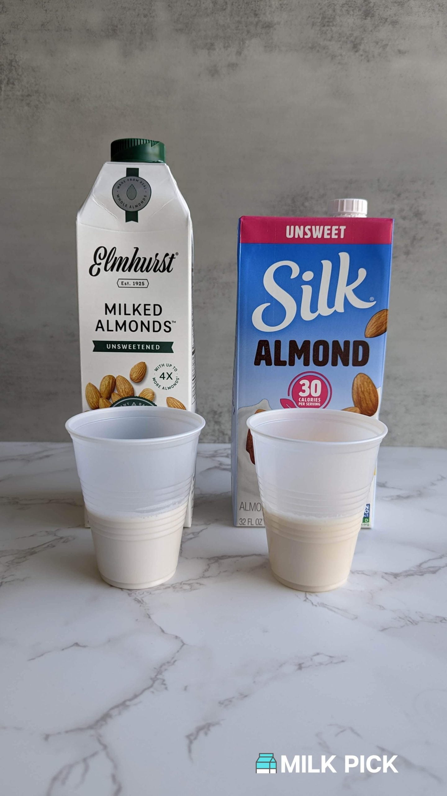elmhurst and silk almond milk cartons and cups