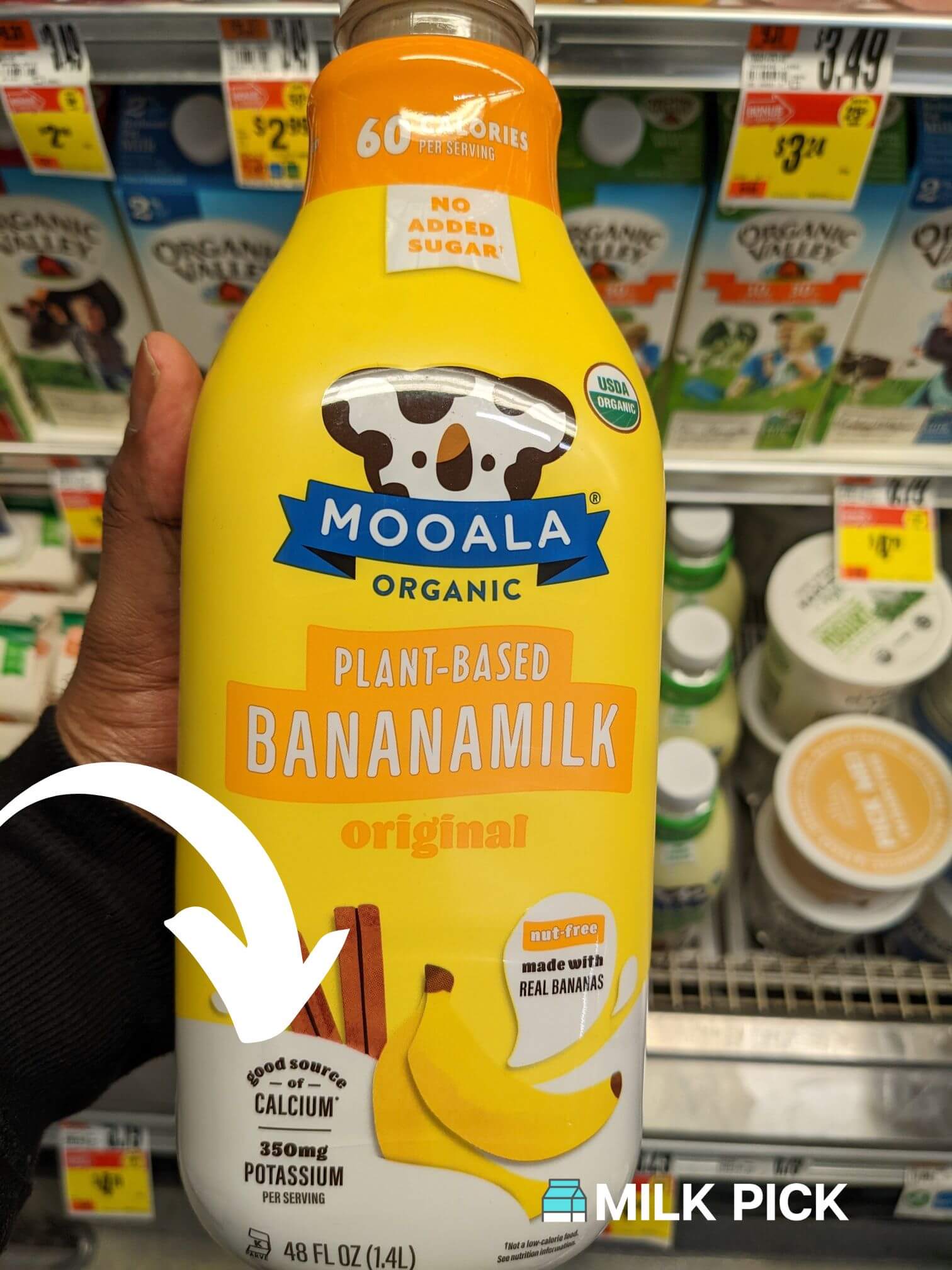 mooala banana milk with arrow pointing to calcium and potassium