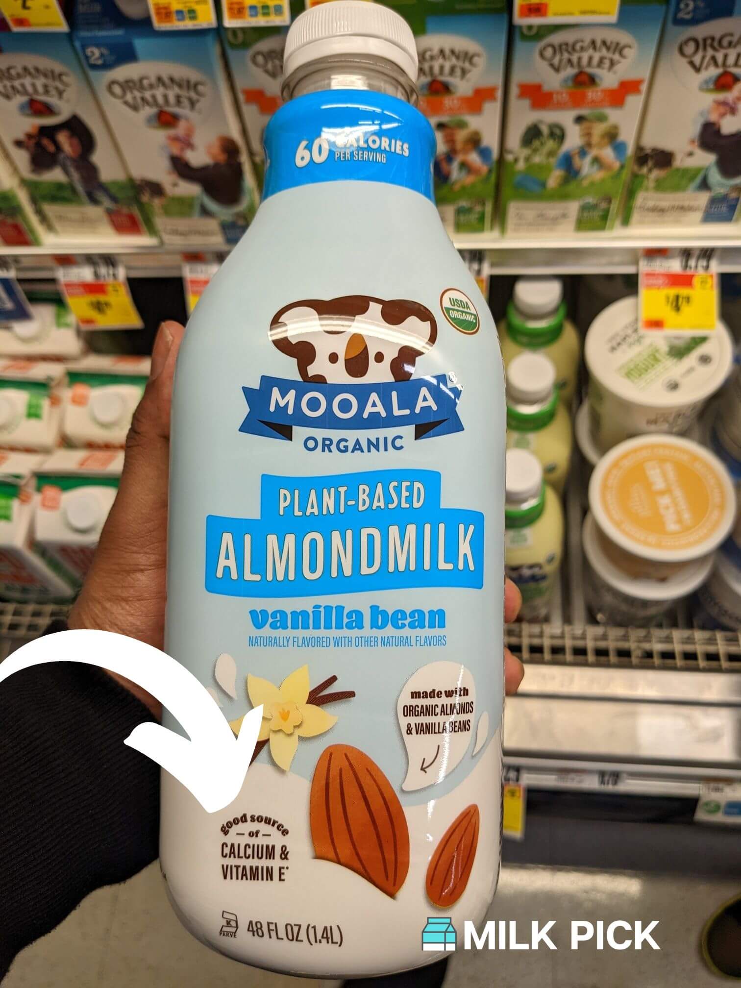 mooala vanilla almond milk with arrow pointing to calcium and vitamin e