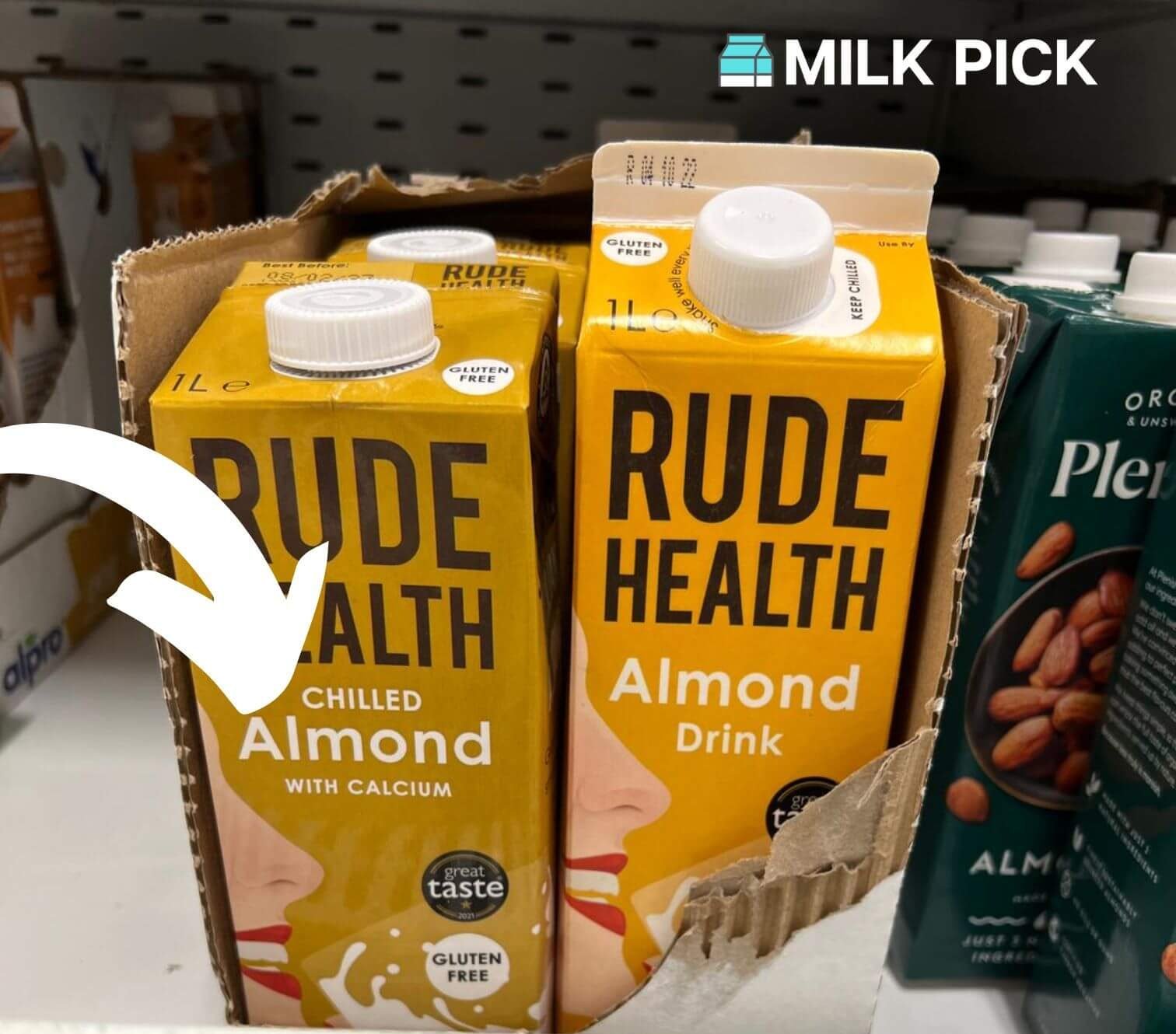 rude health almond drink with arrow pointing to calcium