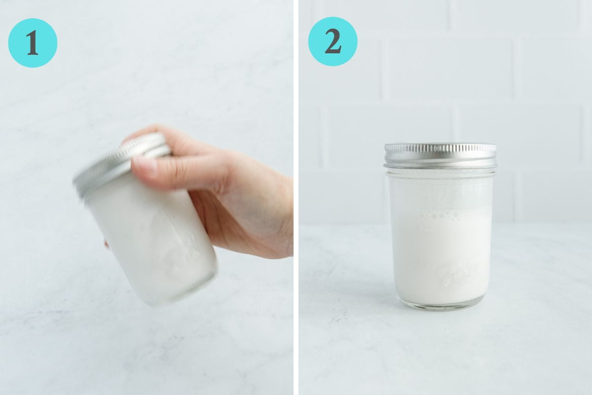 frothing almond milk in jar