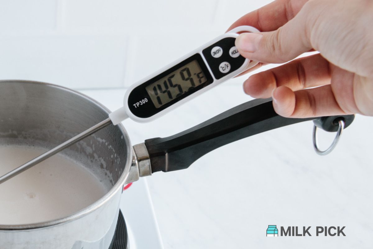 heated almond milk in pot with thermometer