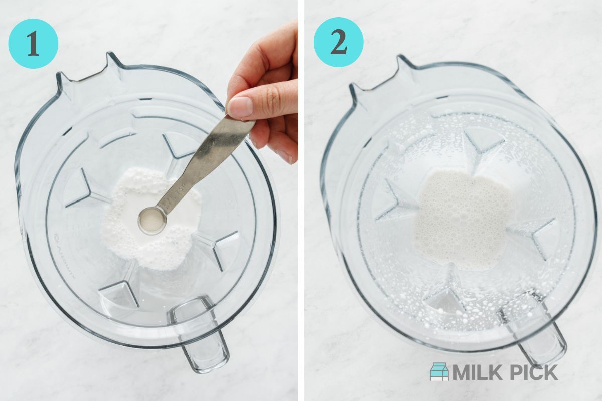 adding xanthan gum to almond milk in blender