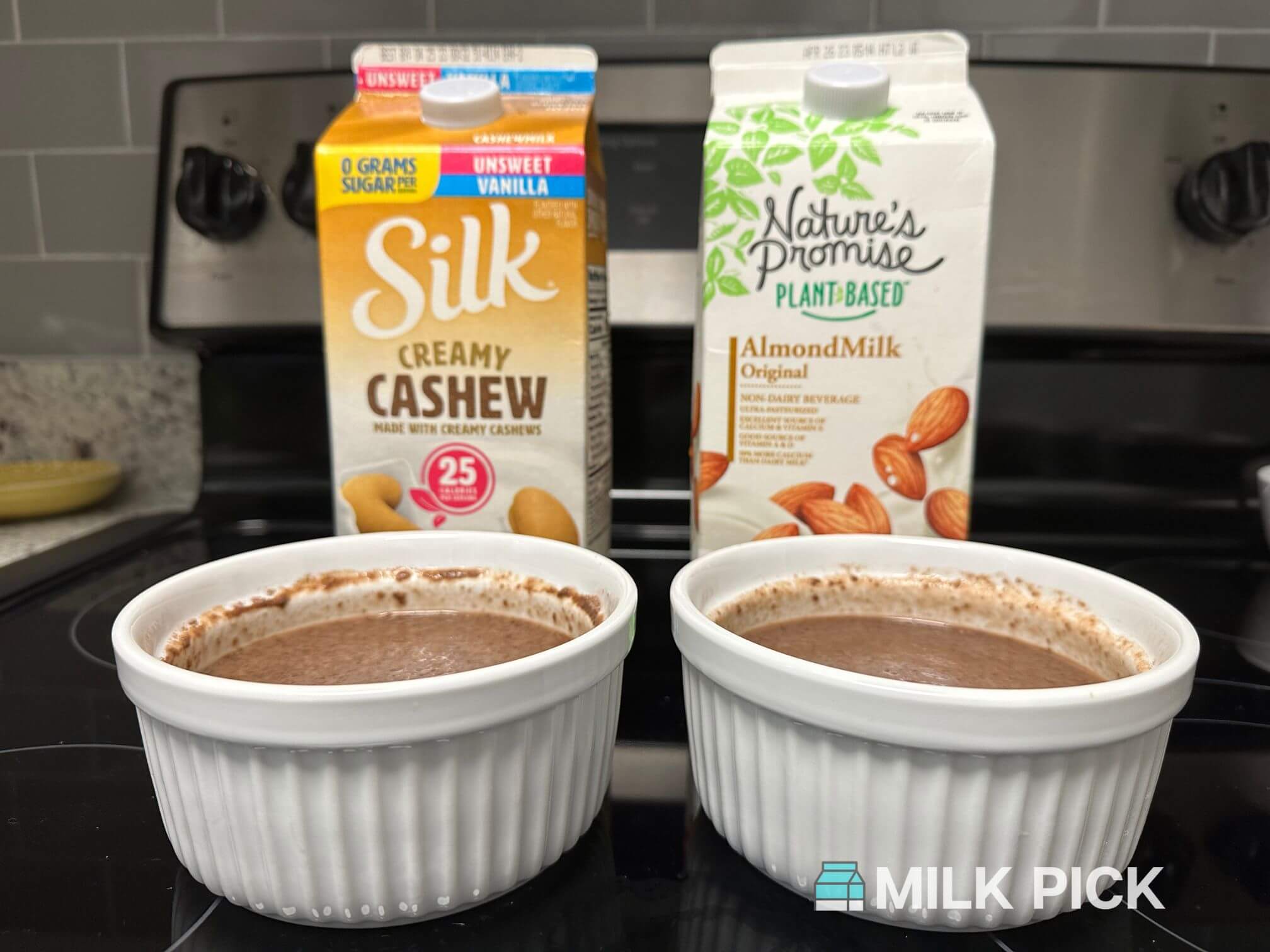 cashew and almond milk next to instant pudding