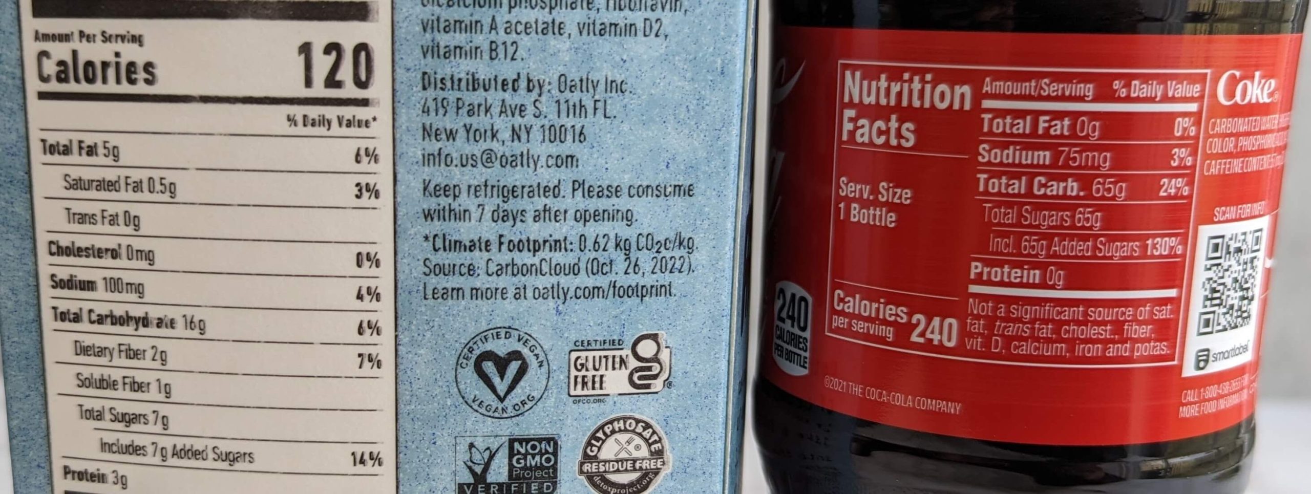 oatly and coca-cola nutrition facts side-by-side