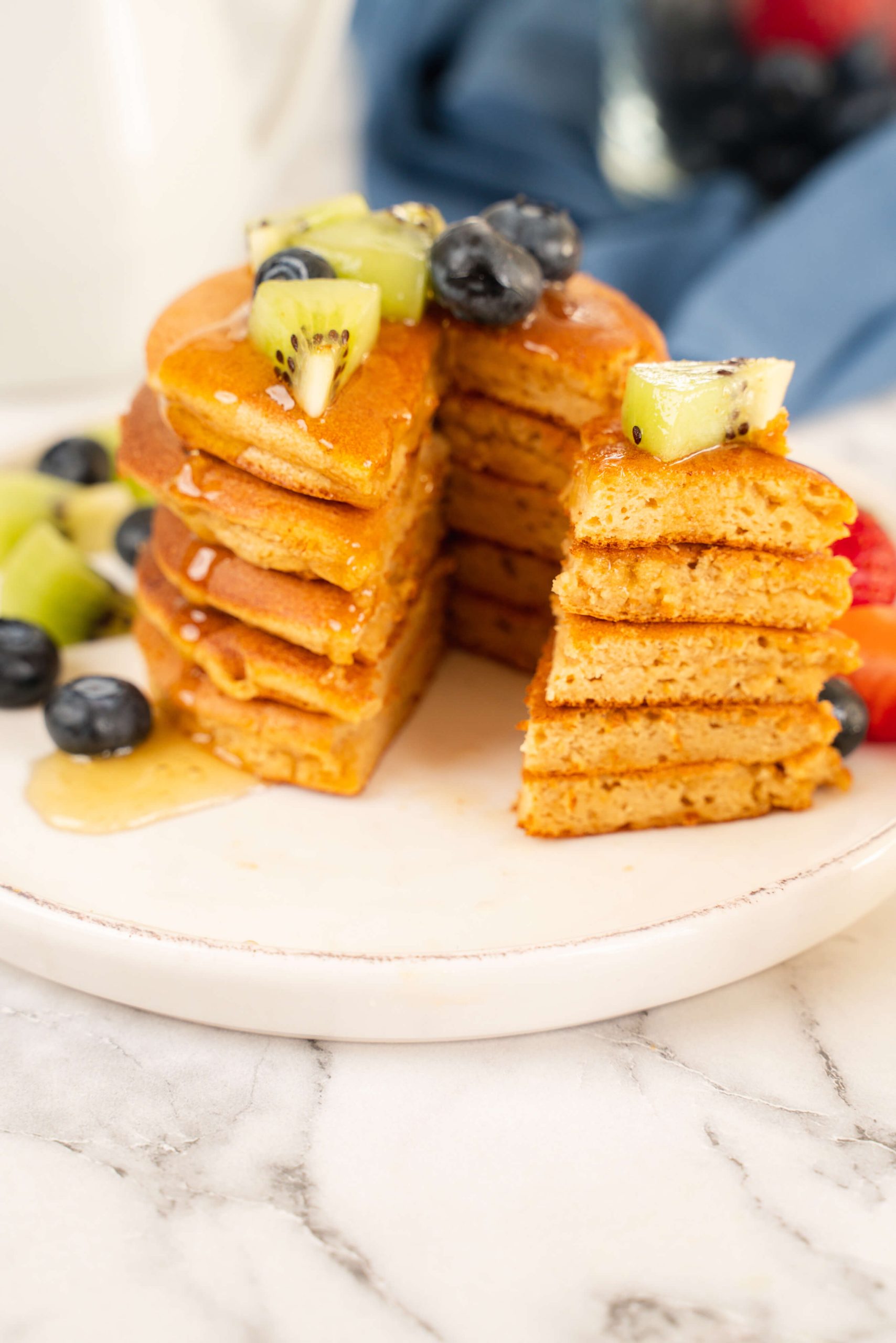 stack of almond milk pancakes with slice cut out