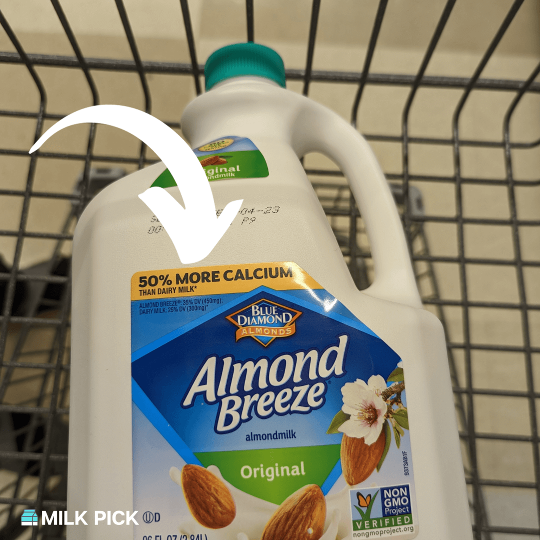 almond breeze jug highlighting calcium label